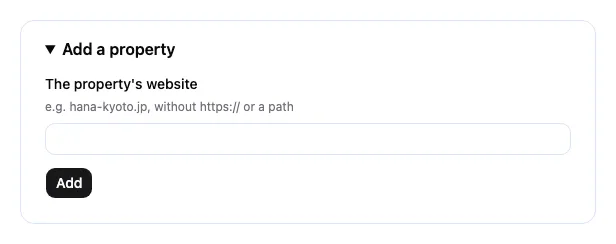 The Add a property form, with a field for the property website and an Add button.