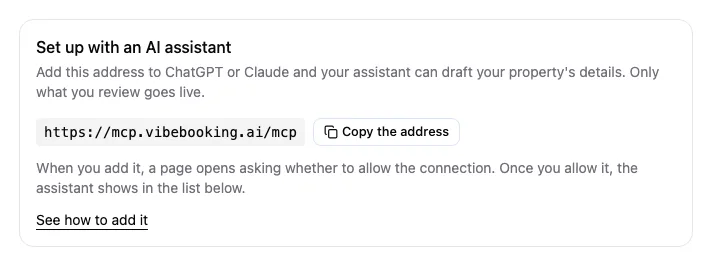 The Connected assistants tab, showing the address to add to an assistant and a Copy the address button.