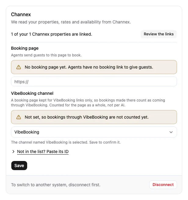 The Connections tab, showing Channex connected.