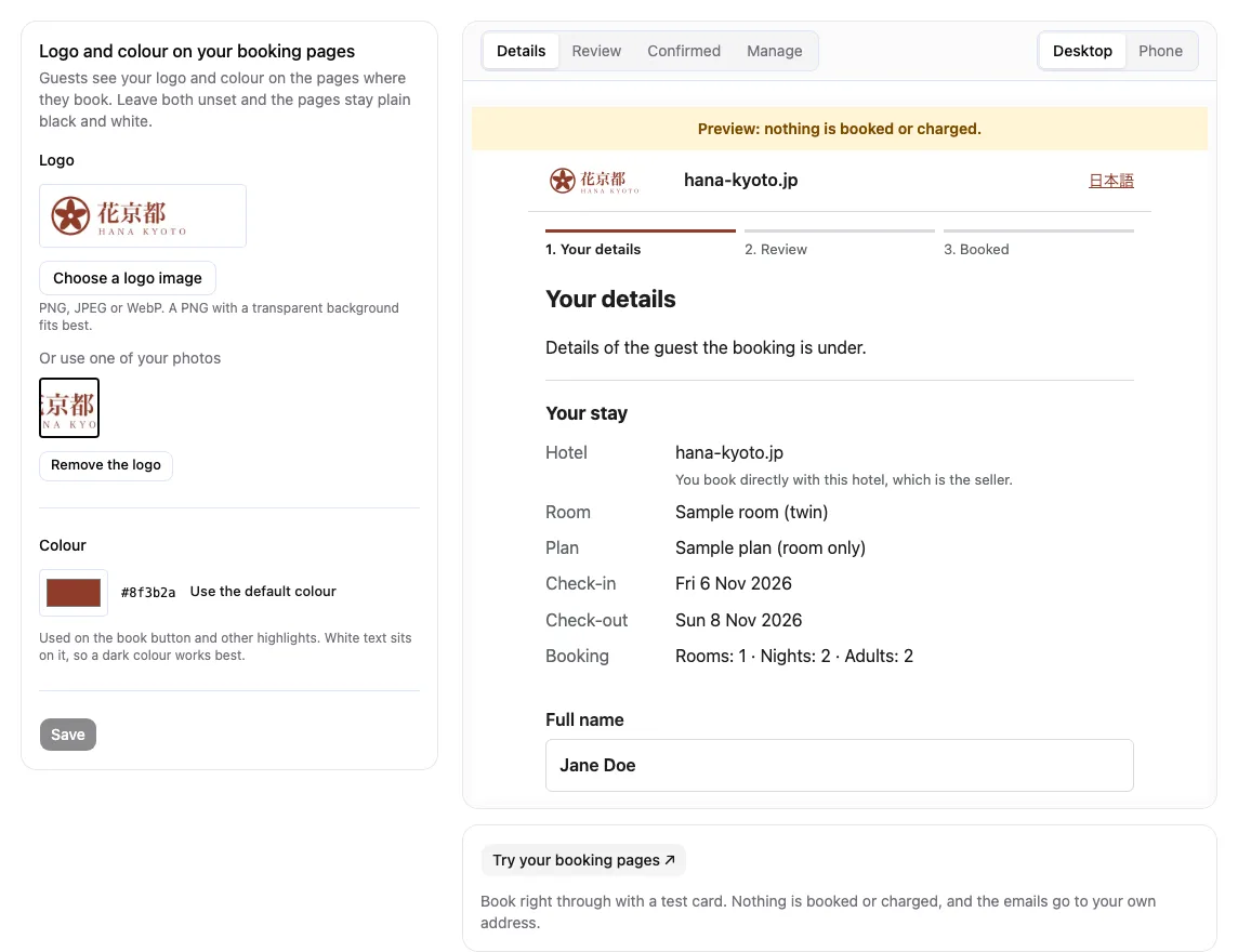 The booking page logo and colour settings, with the logo and colour on the left and a preview of the booking page on the right.