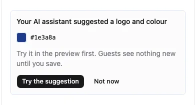 A logo and colour suggested by an AI assistant, with Try the suggestion and Not now buttons.