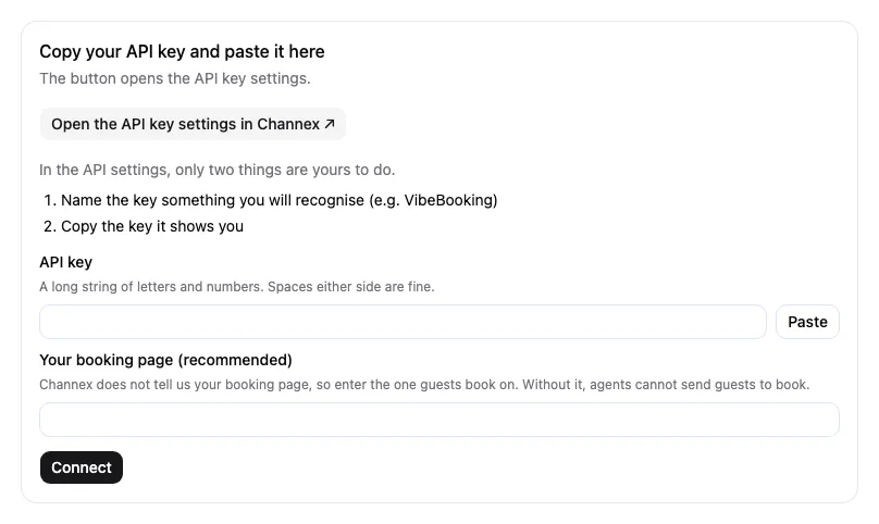 The Connect Channex screen, with fields for the API key and the booking page URL and a Connect button.
