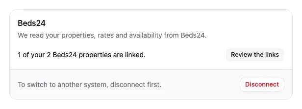 The Beds24 card on the Integrations tab, with Review the links and Disconnect buttons.