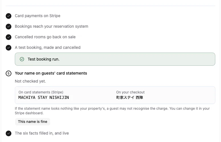 The list of items before taking bookings, the finished ones ticked and the statement name still to check.