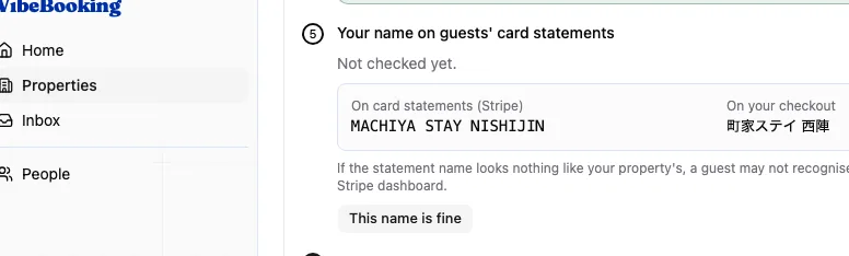 The name on card statements at Stripe beside the name on your checkout, with a This name is fine button.