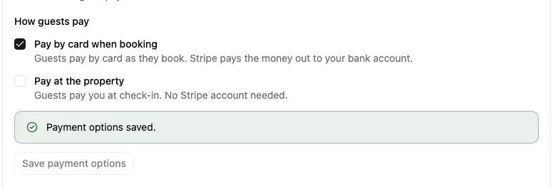 How guests pay: checkboxes for card payment when booking and payment at the property, and a save button.