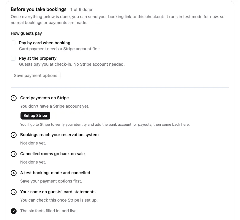 Before you take bookings on the Booking pages tab: the payment options, and the list of items still to do.