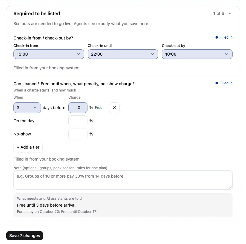 A property's Facts tab: the items required to be listed, filled in from the booking system, and the save button.