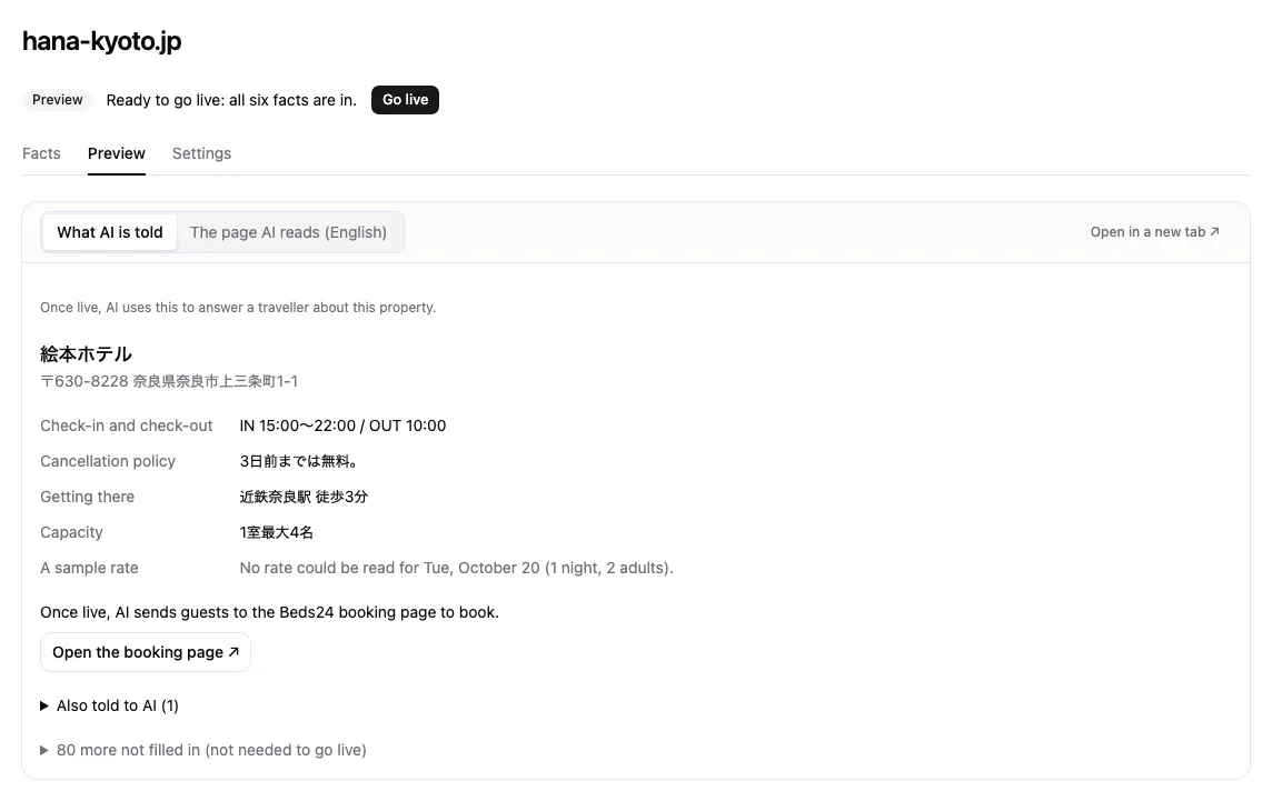 A property's Preview tab, showing what AI is told and the Go live button.