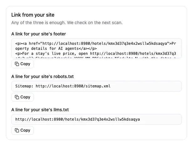 A live property's Preview tab, showing the Link from your site snippets.