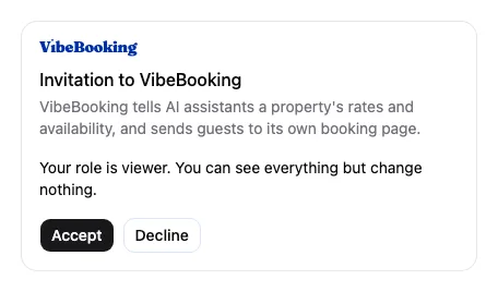 The invitation screen opened from the email link, with the role explained and Accept and Decline buttons.