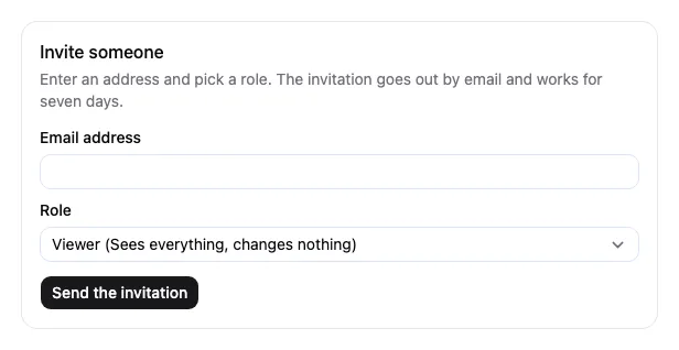 The invite someone form, with fields for an email address and a role.